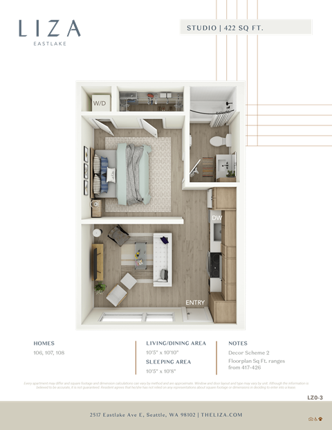 Liza Apartment 3D floor plan - studio 422 sqft